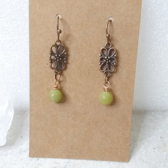 Adjustable Bracelet & Earring SET! Pale Green + Ecru + Copper Beaded Jewelry - Picture 7 of 9